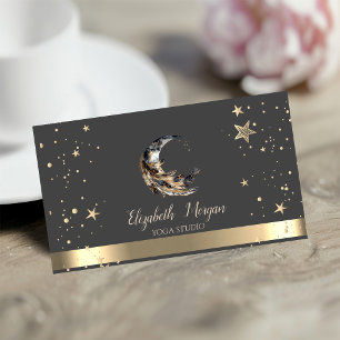 Tarjeta De Visita Estudio de Yoga Moon Feather Gold Stars