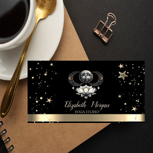 Tarjeta De Visita Estudio de Yoga Negro Lotus Estrellas Doradas Luna
