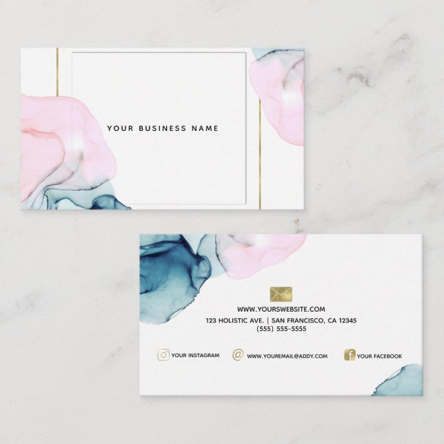Tarjeta De Visita Etéreo glamour Verde azulado y rosa inky elegancia (Anverso / Reverso)