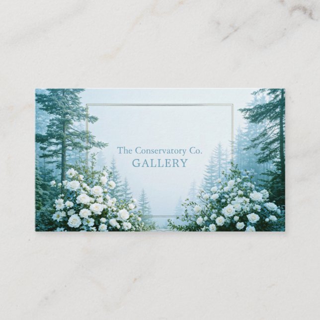 Tarjeta De Visita Ethereal White Rose Floral and Misty Pine Forest (Anverso)
