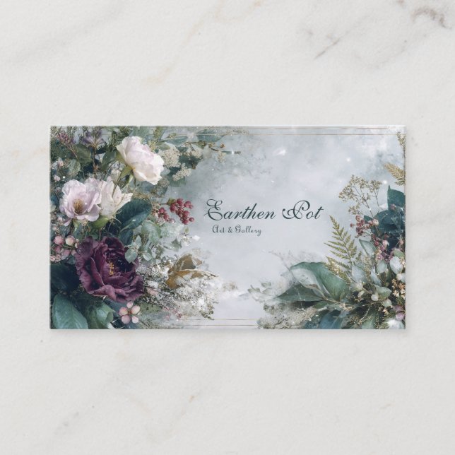 Tarjeta De Visita Ethereal Winter Floral Burgundy Rose and Icy Gray (Anverso)