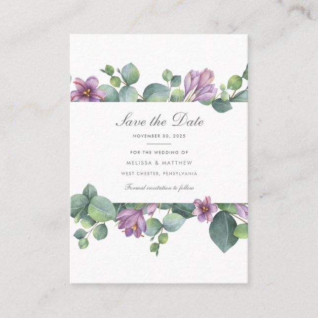 Tarjeta De Visita Eucalyptus Floral Modern Save The Date Card (Anverso)