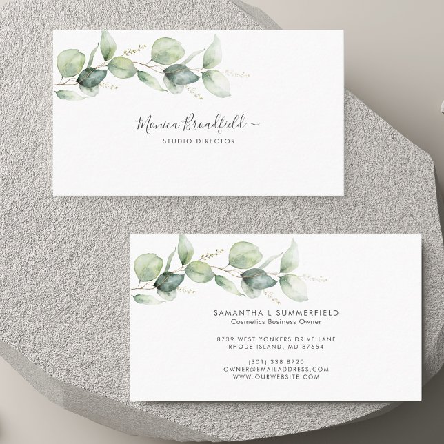 Tarjeta De Visita Eucalyptus Foliage Elegante Script acuarela (Eucalyptus Foliage Elegant Script Watercolor Business Card)