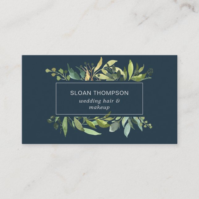 Tarjeta De Visita Eucalyptus Greenery Watercolor Navy (Anverso)