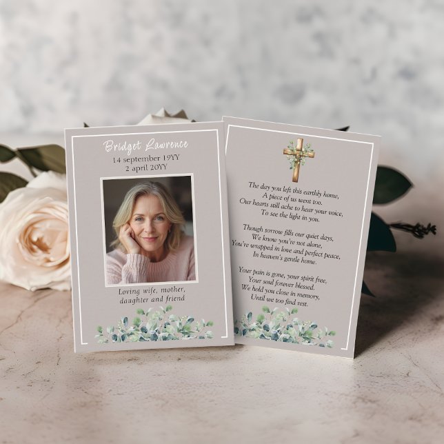 Tarjeta De Visita Eucalyptus Leaves Memorial Photo Taupe Prayer Card (taupe elgant eucalyptus leaves greenery border
prayer card)