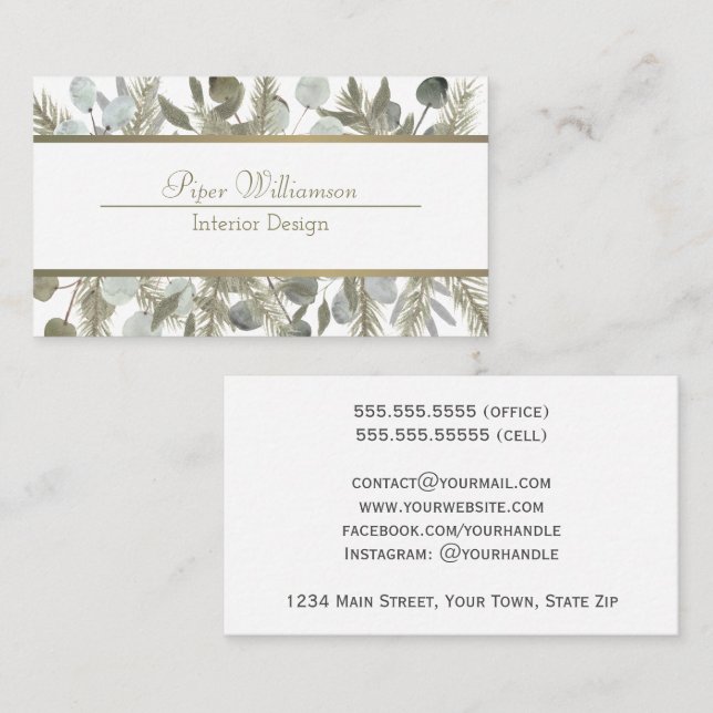 Tarjeta De Visita Eucalyptus & Pine Sage & Gold Classy Feminine (Anverso / Reverso)