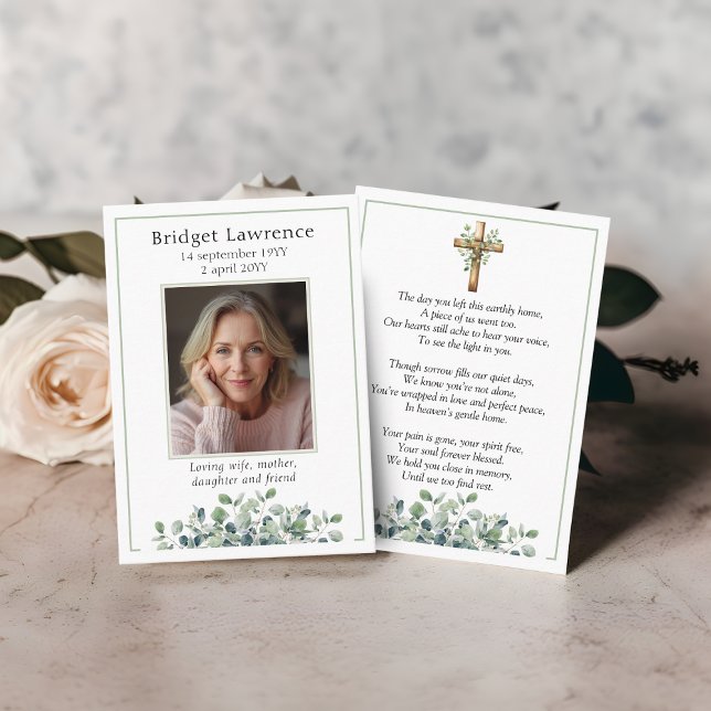 Tarjeta De Visita Eucalyptus Sage Green Memorial Photo Prayer Card (Subido por el creador)