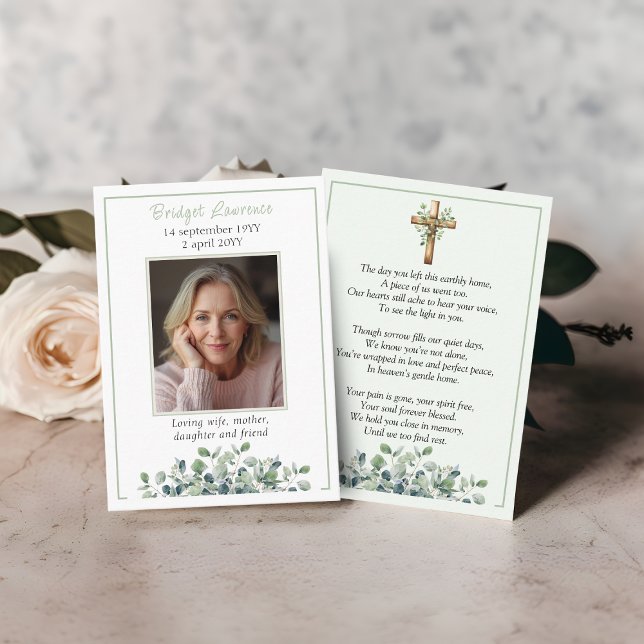 Tarjeta De Visita Eucalyptus Sage Green Memorial Photo Prayer Card (Subido por el creador)