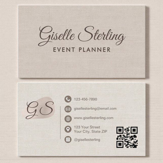 Tarjeta De Visita Event Planner Beige Linen Modern Elegant QR Code (Subido por el creador)