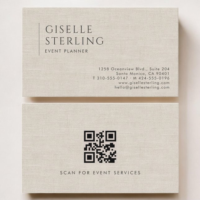 Tarjeta De Visita Event Planner Luxury Neutral Linen QR Code (Subido por el creador)