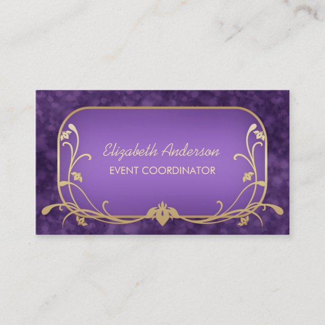 Tarjeta De Visita Event Planner Luxury Purple and Gold Floral Swirls (Anverso)