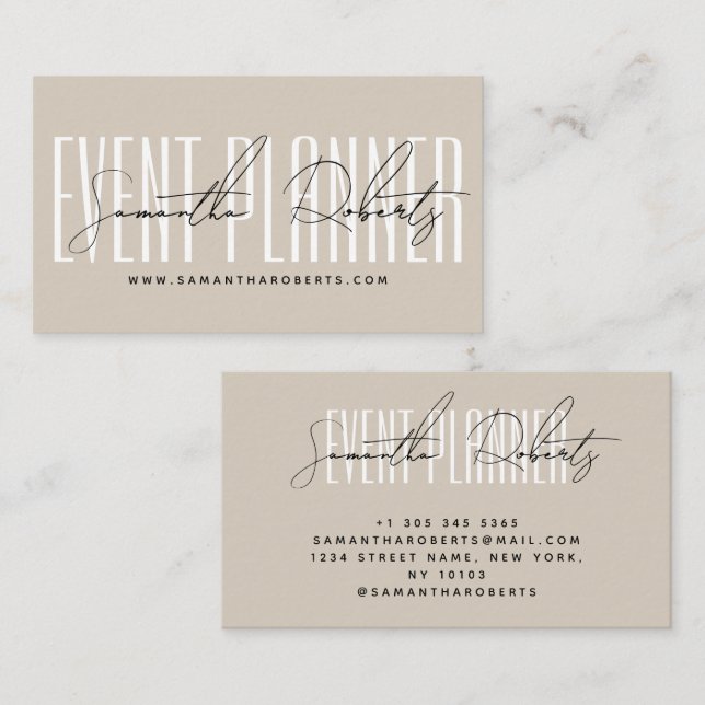 Tarjeta De Visita Event planner modern typography script beige (Anverso / Reverso)