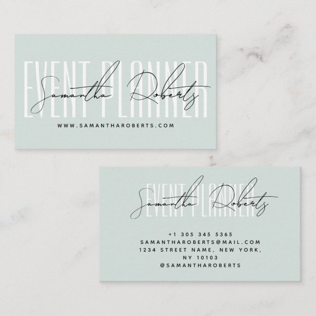 Tarjeta De Visita Event planner modern typography script blue (Anverso / Reverso)