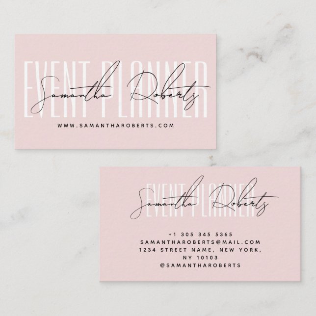 Tarjeta De Visita Event planner modern typography script blush pink (Anverso / Reverso)