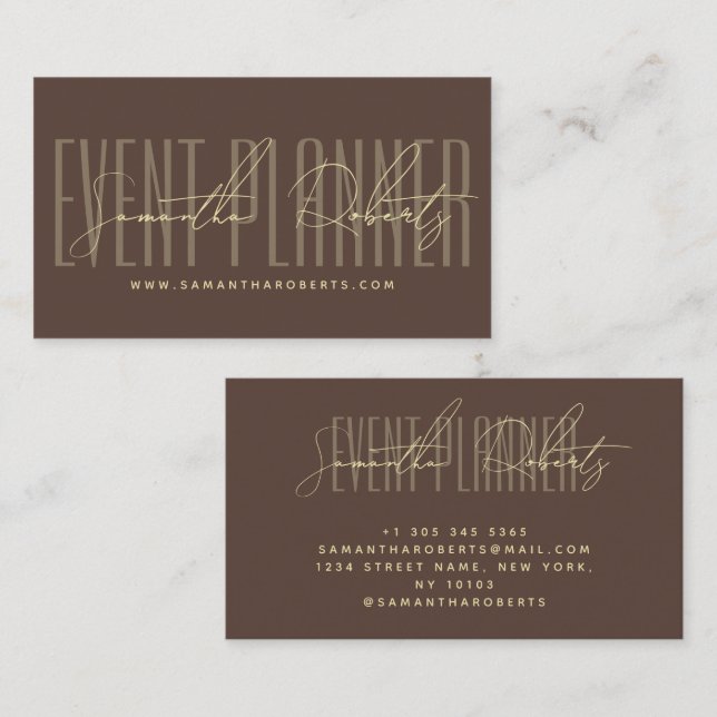 Tarjeta De Visita Event planner modern typography script brown (Anverso / Reverso)