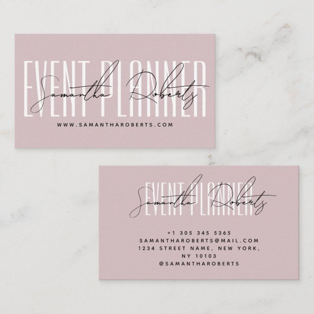 Tarjeta De Visita Event planner modern typography script dusty pink (Anverso / Reverso)