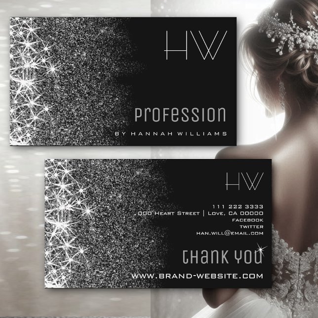Tarjeta De Visita Evento profesional Black with Silver Purpurina Sta (Subido por el creador)