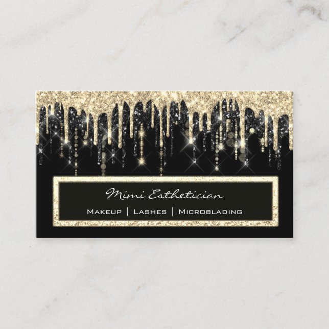 Tarjeta De Visita Evento profesional Eyelash Makeup Gold Black Drip (Anverso)