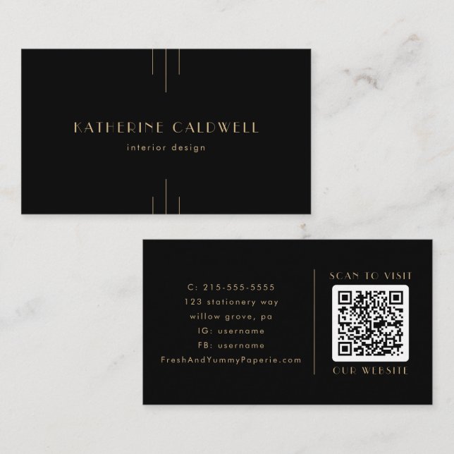 Tarjeta De Visita EVERLY Elegant Art Deco Black and Gold QR Code (Anverso / Reverso)