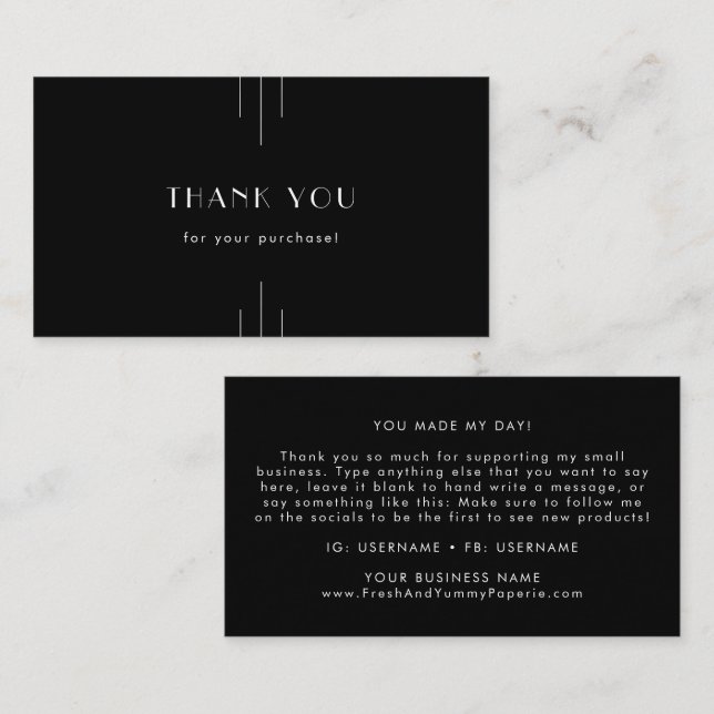 Tarjeta De Visita EVERLY Modern Art Deco Black and White Thank You (Anverso / Reverso)