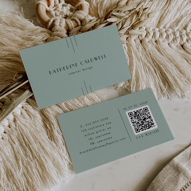 Tarjeta De Visita EVERLY Modern Classic Art Deco Sage Green QR Code (EVERLY Modern Classic Art Deco Sage Green QR Code Business Card)