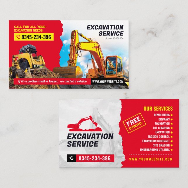 Tarjeta De Visita Excavación, emparejamiento, tala de tierras, Tract (Anverso / Reverso)