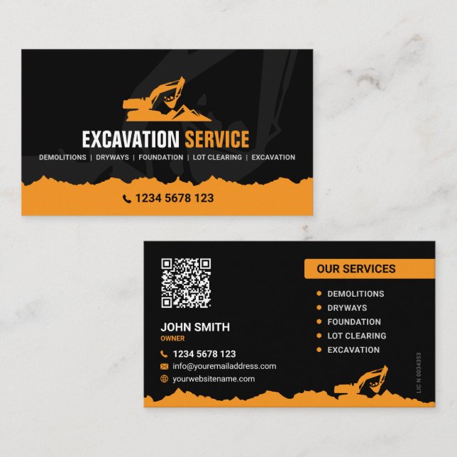Tarjeta De Visita Excavating, Land clearing, Construction (Anverso / Reverso)