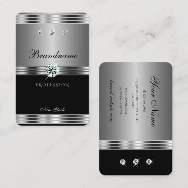 Tarjeta De Visita Excelente plata negro esparcen diamantes modernos (Anverso / Reverso)