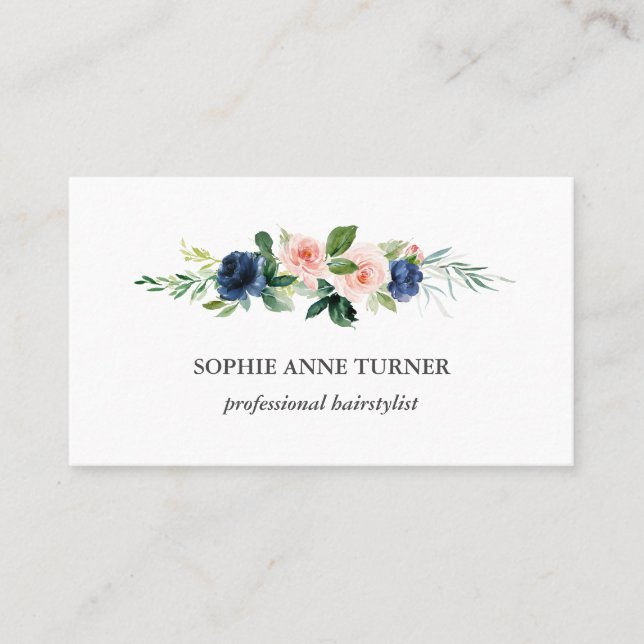 Tarjeta De Visita Exclusivo Hairstylist profesional de flores azules (Anverso)