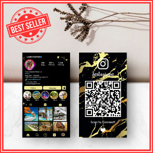 Tarjeta De Visita Executive Black & Gold Marble Agate Instagram QR