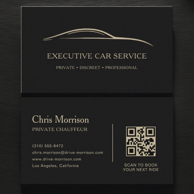 Tarjeta De Visita Executive Car Service QR Code Black & Gold (Subido por el creador)