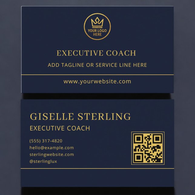 Tarjeta De Visita Executive Coach Blue Gold Logo QR Code (Subido por el creador)