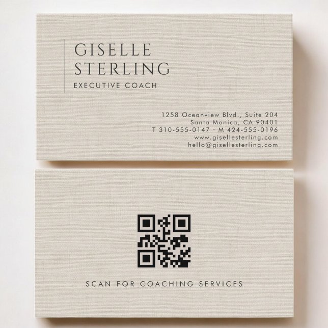 Tarjeta De Visita Executive Coach Luxury Neutral Linen QR Code (Subido por el creador)