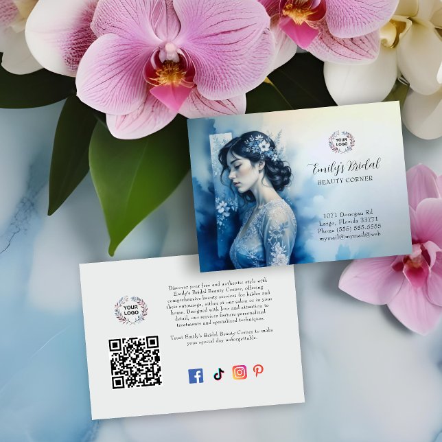 Tarjeta De Visita Exquisite Beautiful Bride In Blue Bridal Business (Exquisite Beautiful Bride In Blue For Bridal Business with QR Code and Network Icons Business Cards.)
