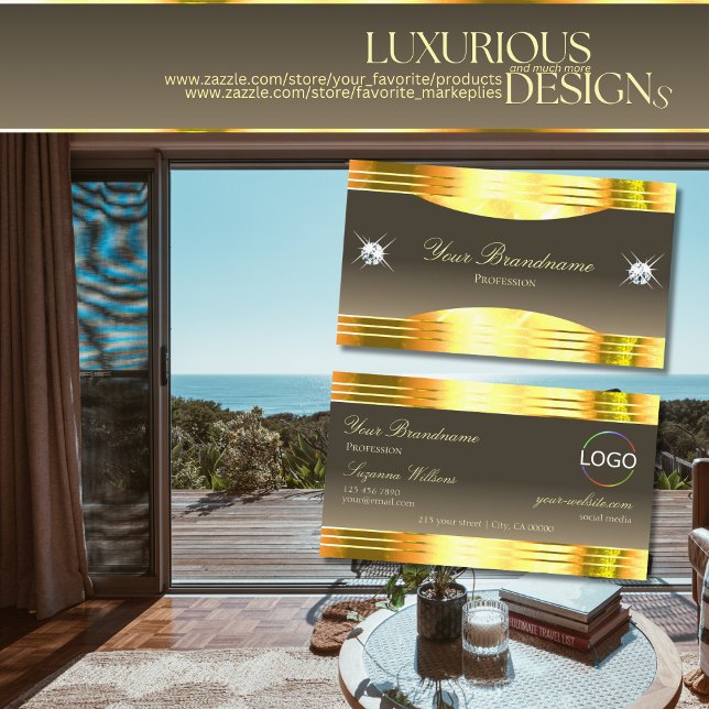 Tarjeta De Visita Exquisito Beige Brown Gold Borders and Logo Deluxe (Subido por el creador)