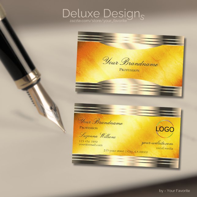 Tarjeta De Visita Exquisito Naranja Marble Gold Borders and Logo Lux (Subido por el creador)