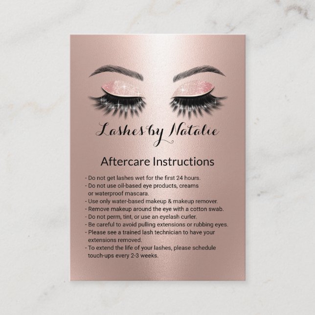 Tarjeta De Visita Extensiones de Eyelash Oro Rosa Instrucción de Aft (Anverso)