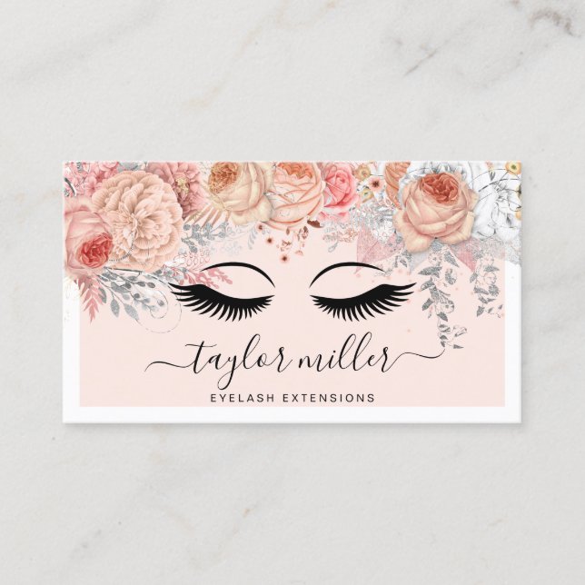 Tarjeta De Visita Extensiones de las pestañas florales rosas de los  (Anverso)