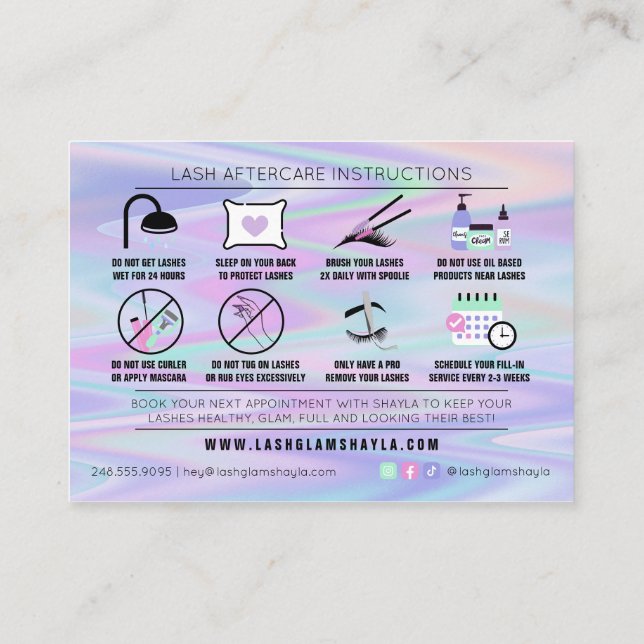 Tarjeta De Visita Extensiones de latigazo Instrucciones de poscuidad (Reverso)
