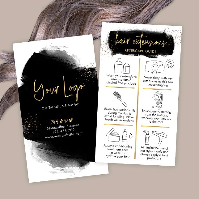 Tarjeta De Visita Extensiones de pelo Aftercare Black & Gold Hairsty (Luxurious black and gold hair extensions aftercare instructions cards with icons and gold effects)
