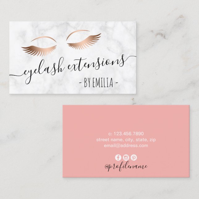 Tarjeta De Visita Extensiones de pestañas doradas de rosa de mármol  (Anverso / Reverso)