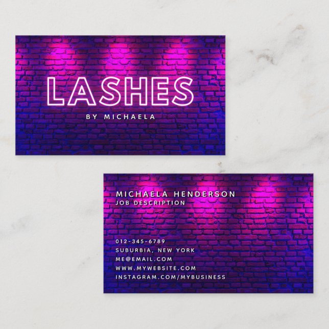 Tarjeta De Visita Extensiones Eyelash/Lash Neón y Ladrillos rosados  (Anverso / Reverso)