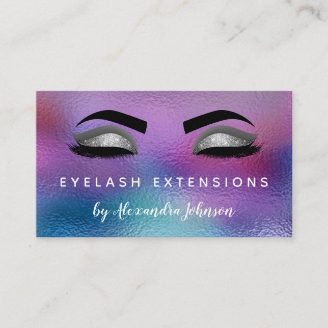 Tarjeta De Visita Extensiones Eyelash Plateado Pastel Iridescente (Anverso)