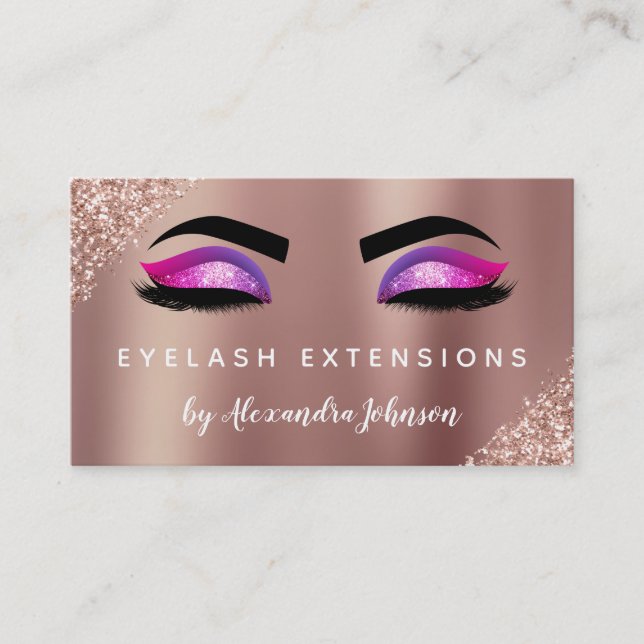Tarjeta De Visita Extensiones Eyelash Purpurina dorado Rosa (Anverso)