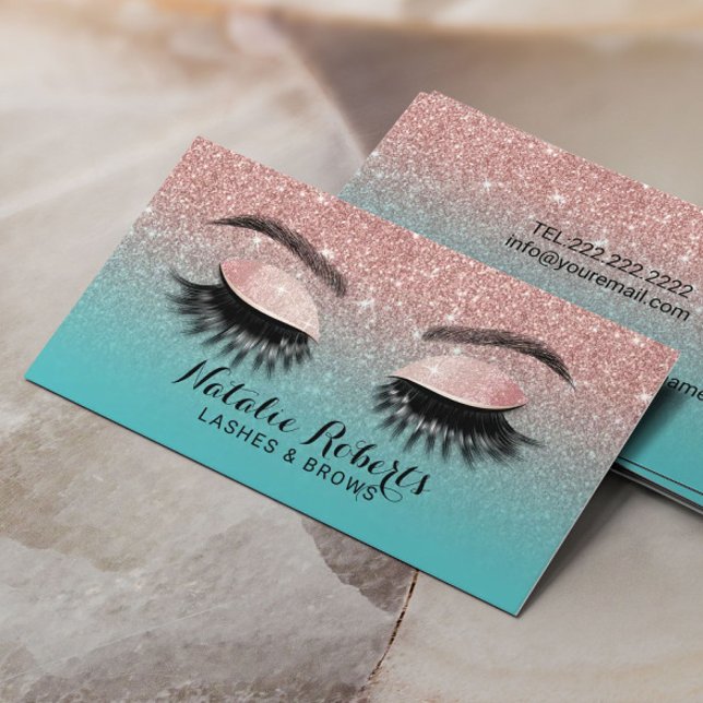 Tarjeta De Visita Extensiones Eyelash Rosa Salón Purpurina Oro y Ver (Subido por el creador)