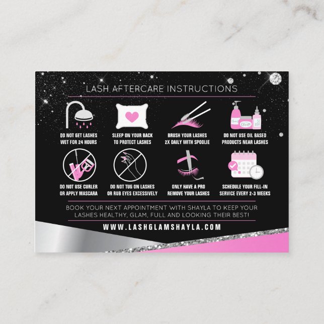 Tarjeta De Visita Extensiones Lash Aftercare Glam Diamantes Rosa (Reverso)