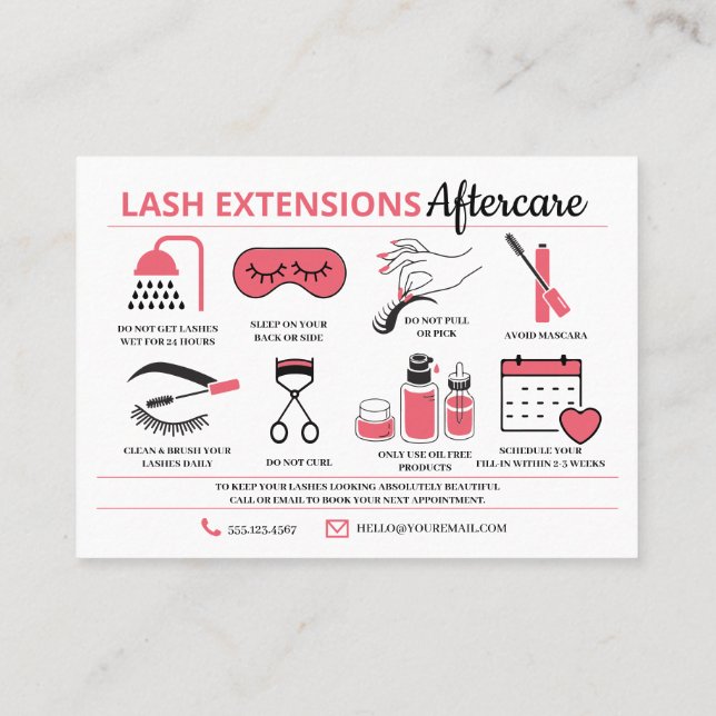Tarjeta De Visita Extensiones Lash Instrucciones de Aftercare Ca de  (Reverso)
