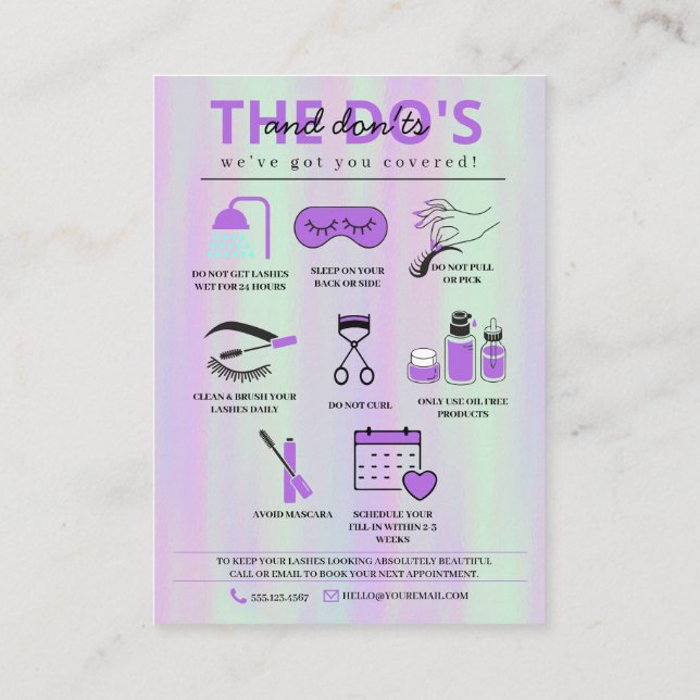 Tarjeta De Visita Extensiones Lash Instrucciones de Aftercare Ca de  (Reverso)