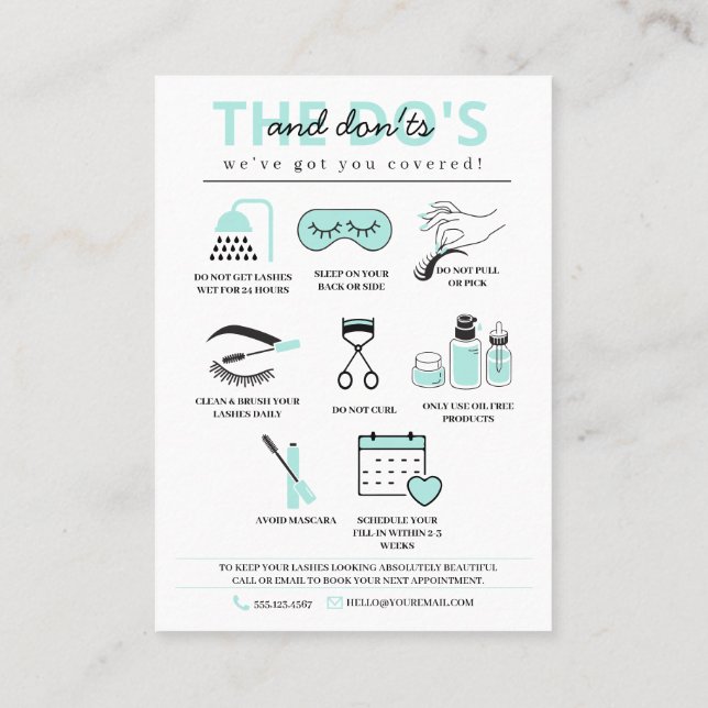 Tarjeta De Visita Extensiones Lash Instrucciones de Aftercare Ca de  (Reverso)