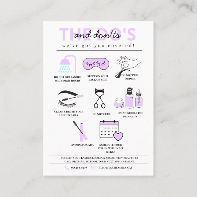 Tarjeta De Visita Extensiones Lash Instrucciones de Aftercare Ca de  (Reverso)